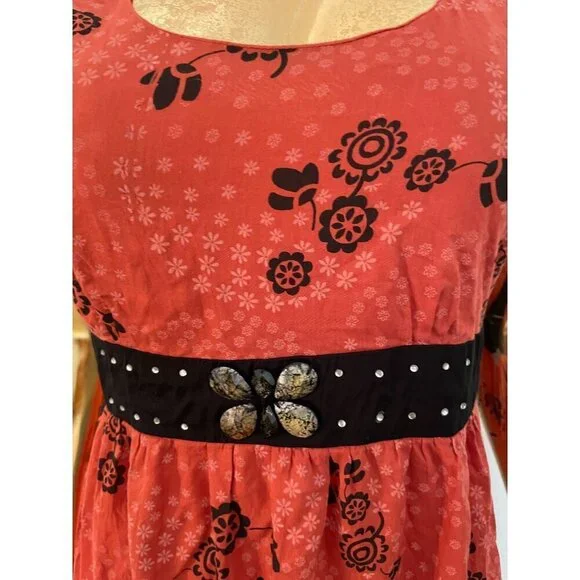 Free People Y2K Vintage Red Dress With Butterfly Detail Floral Print & Black Bel - Picture 7 of 7
